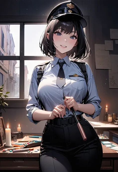  best quality、Ultra-precision、Detailed drawing、 vibrant colors、alone、Beautiful girl 、Age 30、Dark interrogation room 、Iron lattice on the window 、Stationery and pills on the desk、Standing behind a desk 、Candlelight、 look down at me、Police uniform、hat、tie、ha...