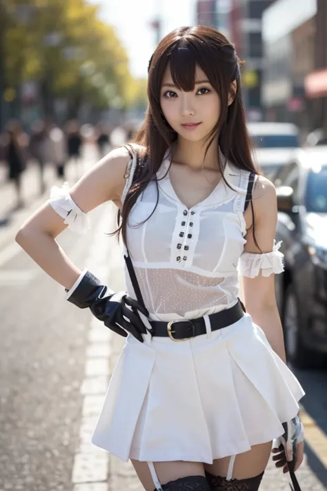 realistic photo quality 、 japanese models standing wearing white clothes, black skirts, and gloves,  black skirt、 cosplay, anime...