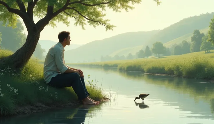 "The man sits by a small riverbank with his feet in the water, watching the gentle flow. Nearby, a bird drinks from the river, symbolizing harmony with nature. The peaceful ambiance captures his inner calm."

