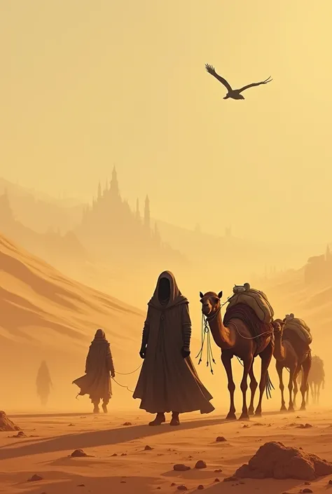 " A desert with a caravan and a mysterious wanderer ":  Hot desert under the scorching sun .  In the center is a wanderer in a long robe with a cover face , camel leader ,  loaded with bags .  The skyline shows the outlines of a mirage city with high tower...