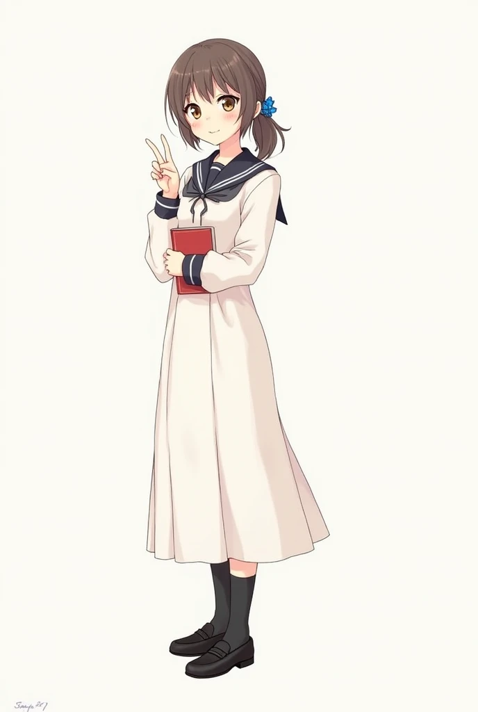 komi shouko Jelly skin red lips Sweet smile, Long white uniform school, plaid skirt, long black socks, black loafers, ponytail hair, Holding a book, v-shaped fingers, Position Stand up and facing the camera