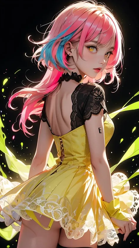  movie poster with young woman as protagonist , high chroma (bright fluorescent pink hair :1.4)、 long hair、Dancing Hair、(clear yellow eyes 1 .3)、 Her face has a fixed expression  ,(bright yellow lace dress:1.4)、Yellow tops、 yellow skirt、Black lace choker 、...