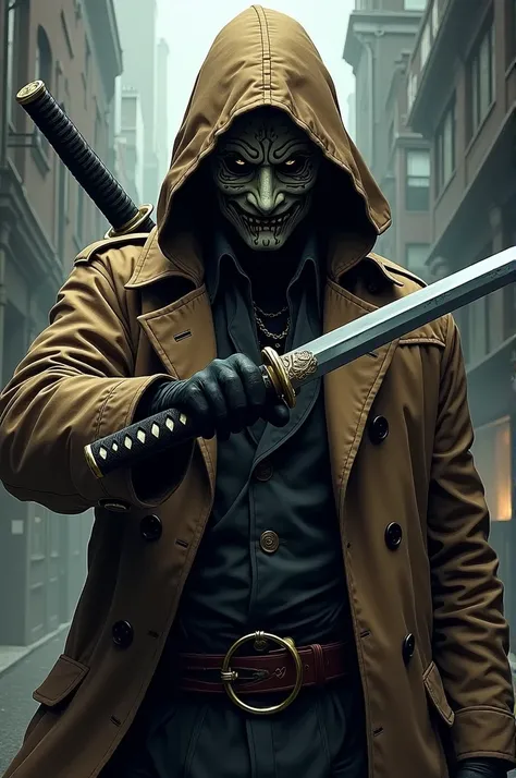 comic book character that use a japanese mask, uses a brown trench coat and holding a katana
