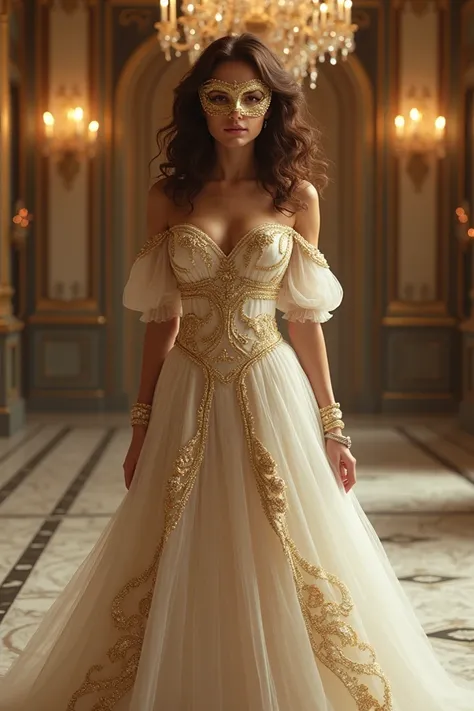 A girl in marvel comic artsyle with curly brown hair wearing white mix with gold elegant patterns empress gown amd masquarade mask standing on the ball room