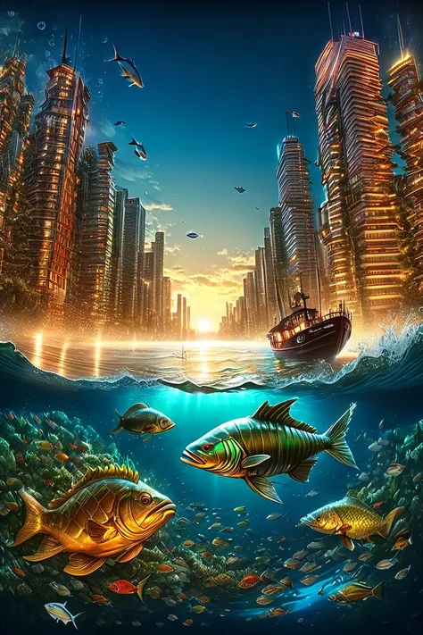  Giant Fish and Ocean Megacity Illustration , peter gric and Dan Mumford, ( ( ( ( ( Dan Mumford ) ) ) ) ), studio ghibli and Dan Mumford, el bosco and Dan Mumford,  Alejandro Burdisio Art,  Run McCue , anton fadeev and Dan Mumford, Alejandro Burdisio, Unde...