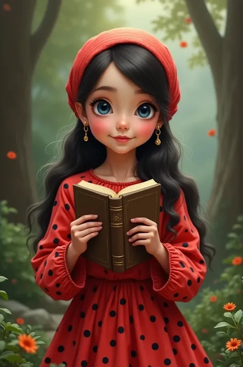 In it let me have a book in the hand of a girl who is wearing a dress made of fabric with black spots on a bright red cloth, and who is wearing a monand headscarf with black hair with blue eyes