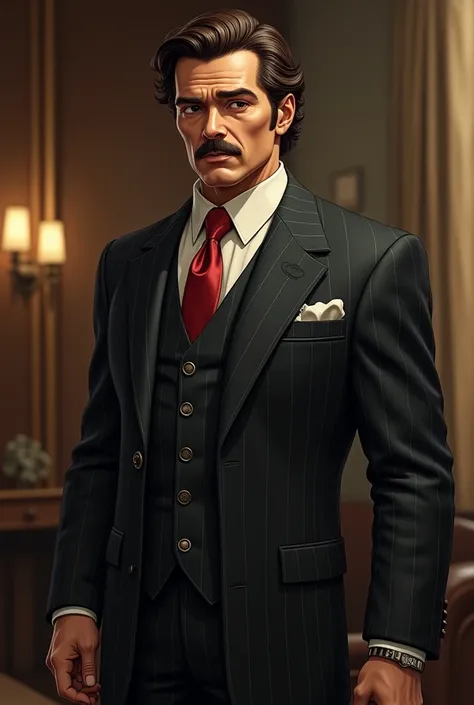 28 year old Italian, he is a mobster from the 1970s, he has wavy light brown hair and dark brown eyes, his face is of normal beauty, he wears a mustache, he is strong. He is dressed in a 1970s pinstripe suit and his expression is that of a businessman.