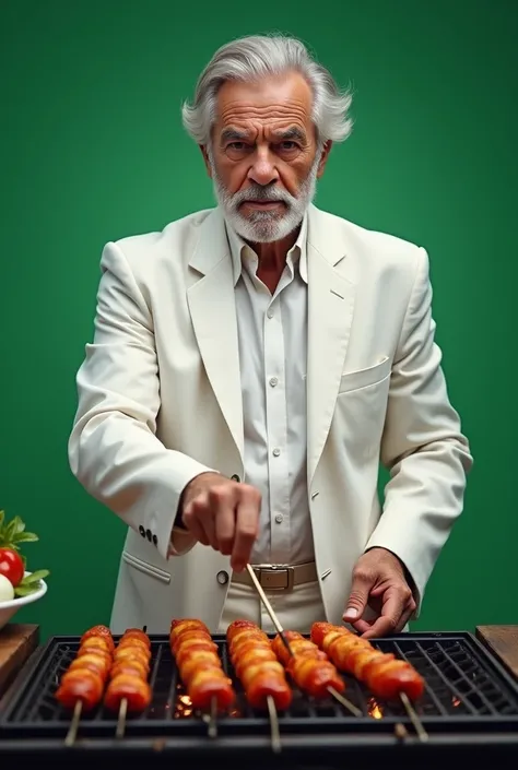 (photorealism:1.2),  create an old man wearing a white suit, Grilling barbecue kebabs.  He is facing the spectator and looking forward. The image background is green chromakey 