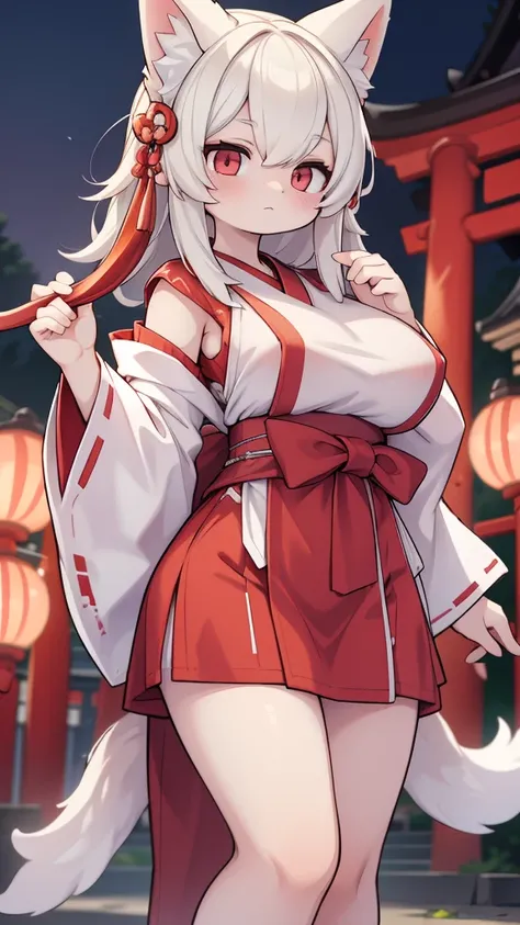 the high resolution of Inari Shrine in Japan that is dyed red 8k 2.5D Japanese pornographic animation character style image. It depicts a beautiful Japanese woman with shining pearly skin and impressive large amber eyes, showing her huge breasts hanging fr...