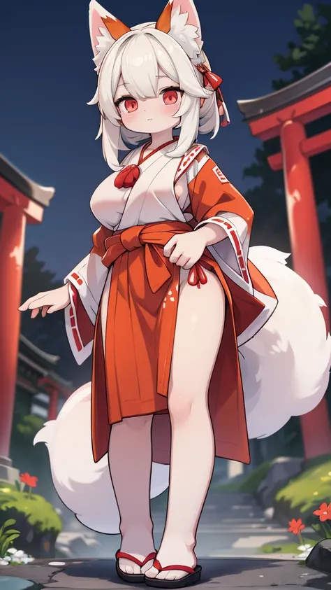 the high resolution of Inari Shrine in Japan that is dyed red 8k 2.5D Japanese pornographic animation character style image. It depicts a beautiful Japanese woman with shining pearly skin and impressive large amber eyes, showing her huge breasts hanging fr...