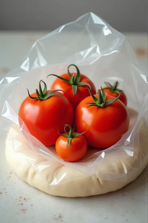 Regular tomatoes are placed on top of the dough in a bag 