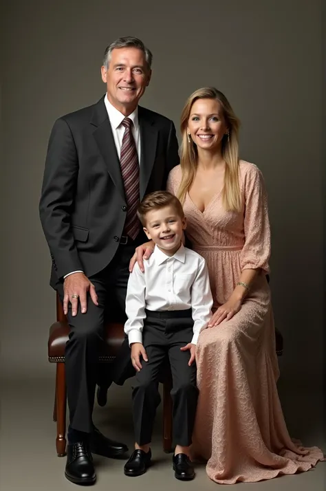 Family 3 pictures in photo studio and parents sitting in front and son standing back alone. its 80s and dad wear elegant suits mother wear elegant outfit son wears white shirt  No long hair for son and parents has a same tall while sitting in a chair