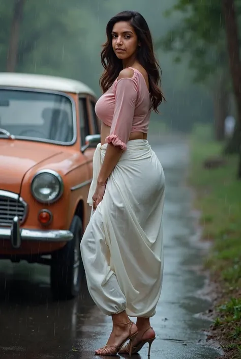 1 women standing near car wearing wet Womens light pink Pure Cotton tight light Kurta and white loose haryanvi salwar with white Dupatta , 🌧️ 🌧️ 🌧️ curvy model, beautiful model girl, perfect body, sexy girl, wearing tight shirt, lovely woman, brown hair an...