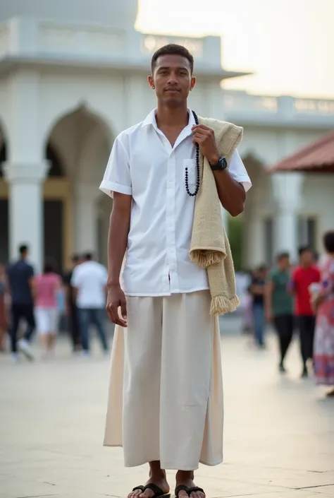 A man, from Indonesia, s .Wearing a white Koko shirt, wearing a sarong, wearing a peci, and wearing slippers. He is posing facing the camera. His right hand is holding prayer beads, and on his shoulder is a prayer mat. There is a mosque in the background a...