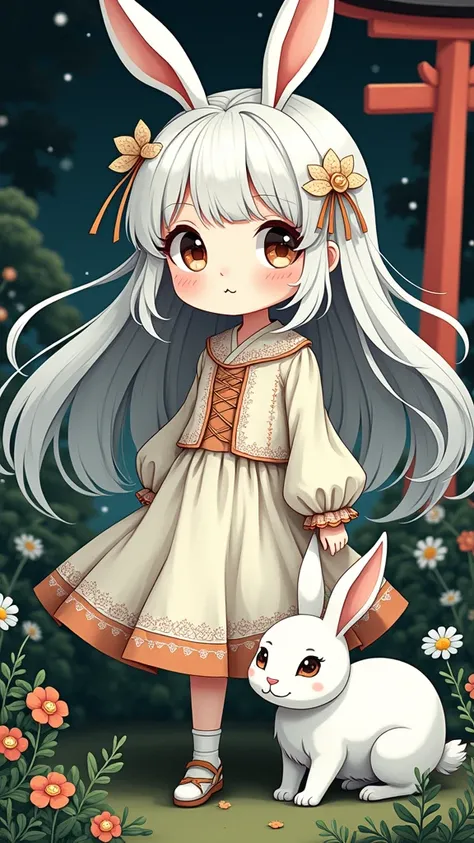 Cartoon image of a girl with long white hair and rabbit ears, Rococo, character portrait, Kiyomasu Torii, cute detailed digital art, detailed rabbit in the middle, intricate Wlop, cute detailed artwork