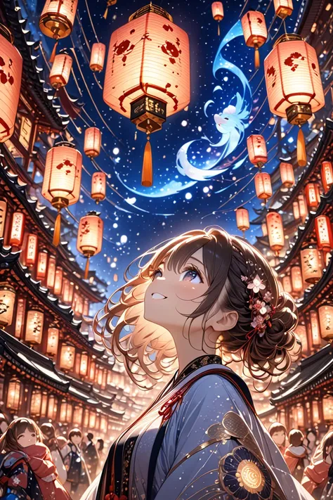  1 girl, beautiful detailed dark eyes ,  beautiful detailed face,Bright smile, Look up, from side, night,  many lanterns flying in the sky , Floating lanterns,Mr.々 astrological zodiac sign with connected stars,Glowing lantern, Lantern Festival, great quali...