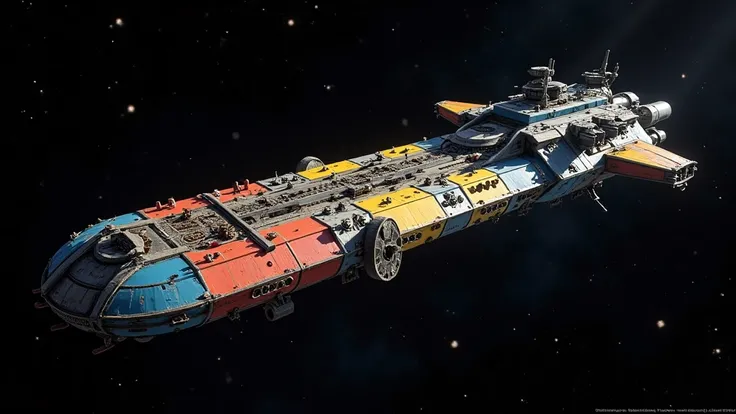 a giant diy dreadnought flying through space, realistic appearance with lots of details like nuts and bolts, rusty parts, spiky scraps, rainbow colors, machine guns on the side, turrets on the side, cannons on the side