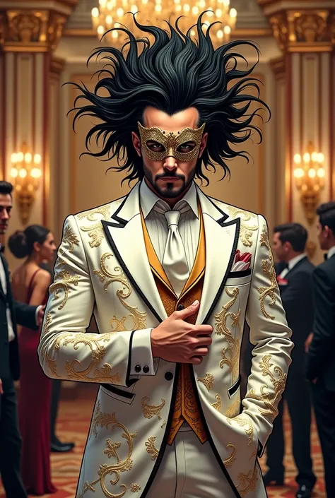 A man in marvel comic artsyle with coma hair wearing white mix with gold elegant patterns empreror suit and masquarade mask standing on the ball room