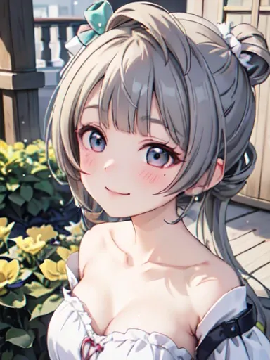  high definition ,  best quality,   super quality ,3D Images,garden、flower bed、 one girl , ( anime illustration style:1.5）, kotori minami 、smile、 closed mouth,clavicle,White Dress,Absolute reference to the center、 COWBOY SHOOTING 、 high definition face,  p...