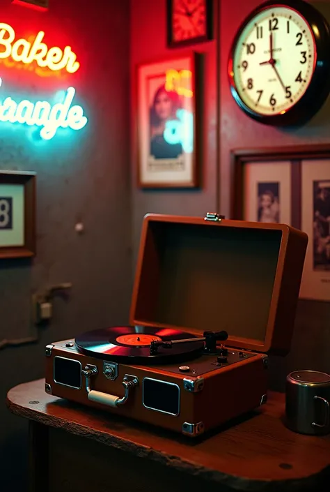  surrounded by vintage details, (a Vintage Record Player:1.6), Chrome accents, Neon Signs.,  dramatic lighting, shot on 35mm film., Nostalgic background,, membrane,