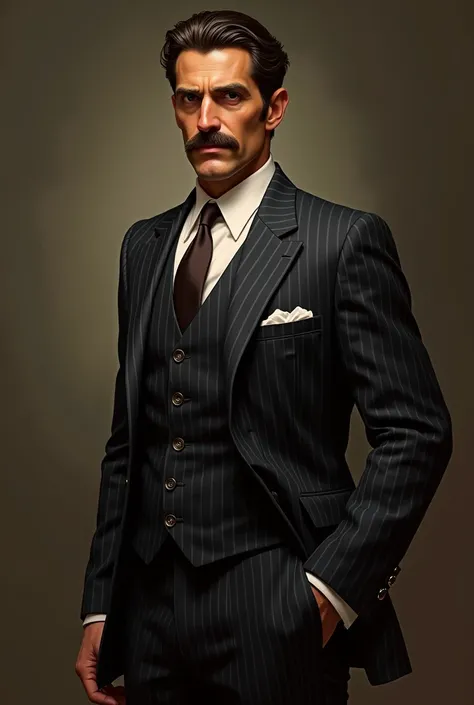 28 year old Italian, he is a mobster from the 1970s, he has wavy light brown hair and dark brown eyes, his face is of normal beauty, he wears a mustache, he is strong. He is dressed in a 1970s pinstripe suit and his expression is that of a businessman.