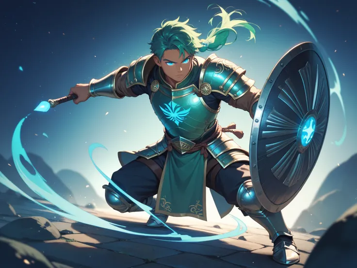 human form, adult male, action pose, blue green hair, chinese black tortoise, tan skin, blue green knight armor, no helmet, holding large shield only, blue green glowing eyes, night time, zoomed out, full body