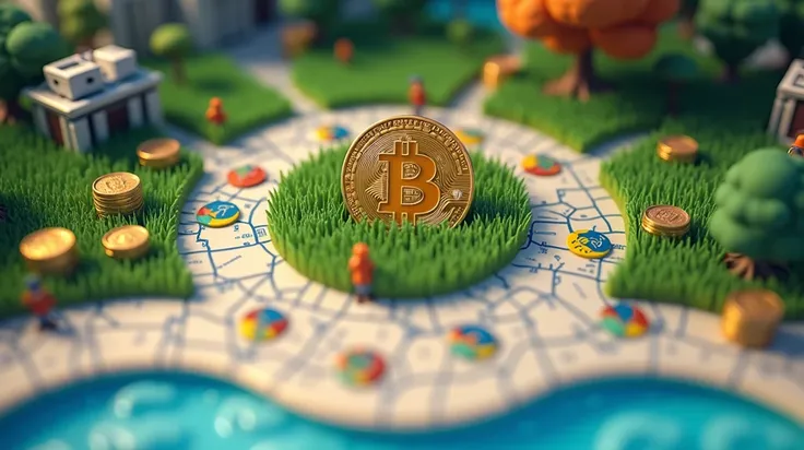  bitcoin coins indecisive on the grass,  casual style , view from above, lots of scattered bitcoin coins,  Looking from above ,  The view from above , coins on the map 