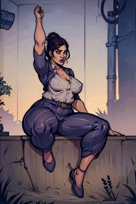 Digital art, highly detailed, angled view, sexy sitting pose, legs spread apart, hands held up in a fighting form, mature woman, adult female, full curvy figure, whole body, form-fitting, Jane Romero (Dead by Daylight) inspired costume, pinstriped blazer, ...