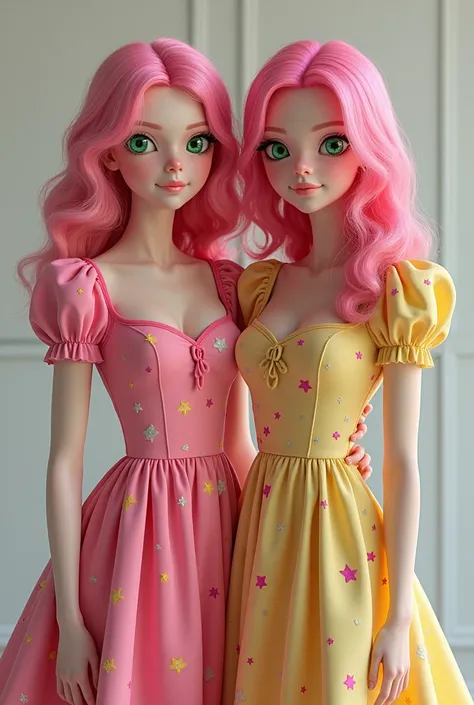 two adults twin sisters, with pink hair and green eyess.  They wear different dresses style.  one with cheerful dress, cute personality and other one with coolers look paeceful look graceful personality.