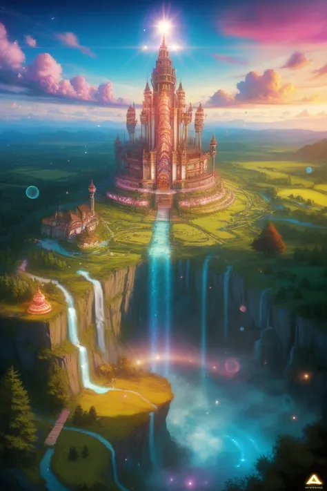 Concept art. Panoramic landscape. Magical floating isles hover in the air like magic, with water falls cascading from the side of some, amidst clouds and an arcane landscape. Wide angle lens. Dreamy, ethereal art style, reminiscent of Hayao Miyazaki. Soft,...