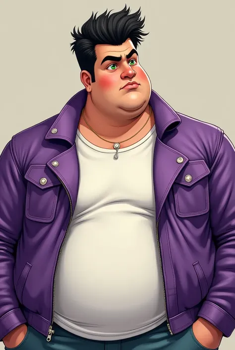 Fat young man with black hair and green eyes. Purple leather jacket and white tshirt