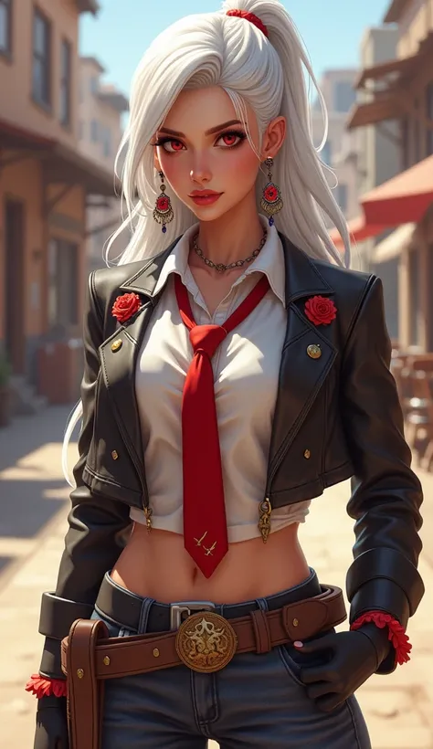 (masterpiece, best quality:1.2), expressive eyes, perfect face, high score, 1 girl, solo, Ashe overwatch, ash makeup, mole, earrings, red eyes, white hair, 1 size of a womans breast, jewelry, makeup, lipstick, tie, red tie, hip strap, black gloves, belt, e...