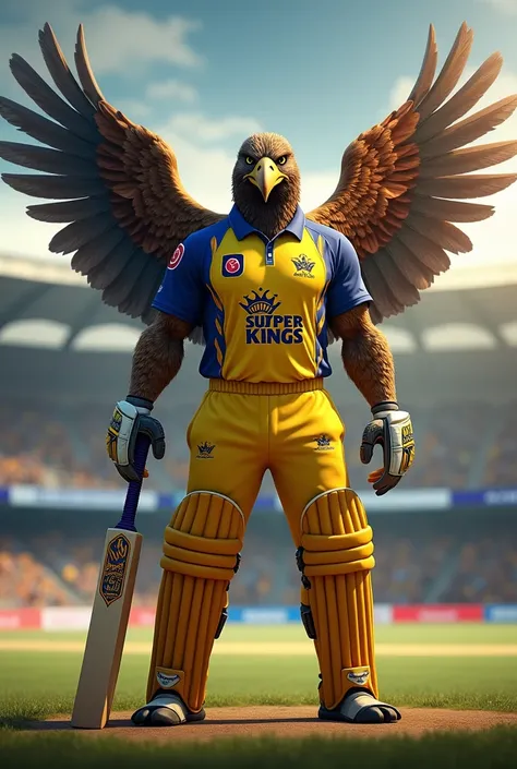 A tall muscular eagle (five) as a cricketer with IPL Chennai Super Kings t shirt (yellow) in cricket stadium 4k realistic , scary image 