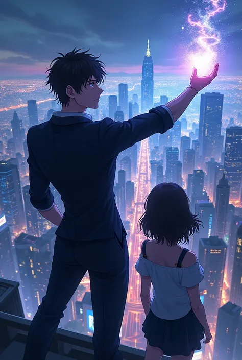 Anime art A handsome guy holds magic in his right hand, looking from the roof to the metropolis , next to a girl 