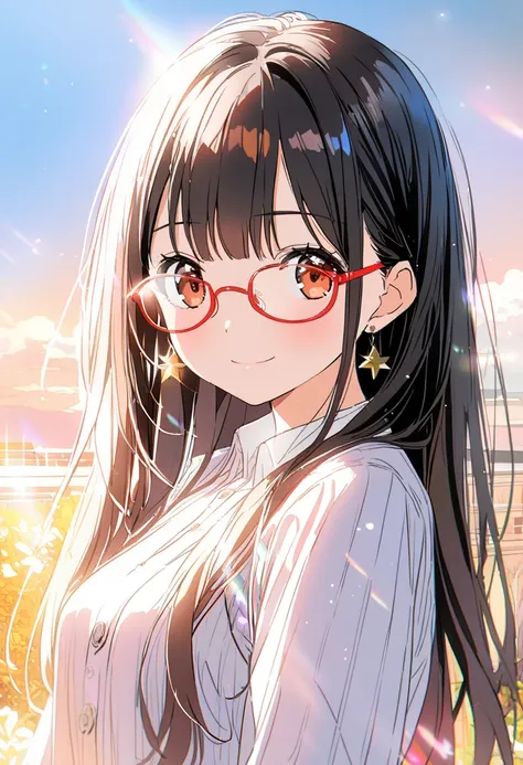 1girl, , brown eyes are shining and cute, black hair, long hair, extremely detailed neat hair,Straight hair, tareme, ((red-rimless eyewear:1.2)), star earrings, medium breasts, smile, blushful, looking at viewer, long sleeves, closed mouth, white shirt, up...