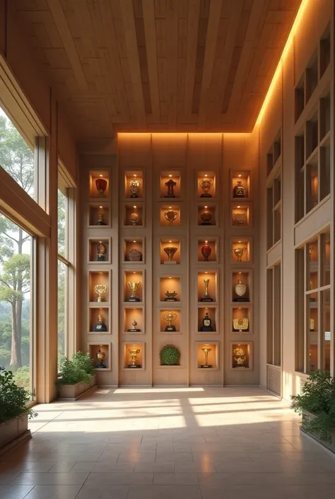  A much larger trophy room , designed in a modern Japanese style ,  showcasing each trophy in a dedicated space,  with an open and bright architecture . In the Minecraft universe 