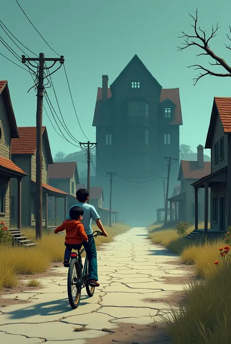 A 3d ultra hd high quality cartoon style scene of a deserted road and 3-4 houses, out of which one house is very dark and a man and a small  are going together on a bike.