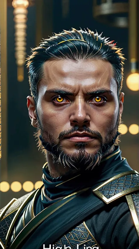 a man with a beard and a beard in a black outfit, a character portrait inspired by Rajmund Kanelba, trending on Artstation, realism, 8k portrait render, highly detailed vfx portrait, yellow cyborg eyes, he has yellow wolf eyes, attractive sci - fi face, wi...