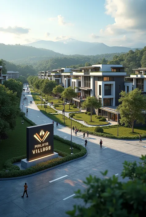 A modern real estate village, in the big sign board says, "Malaya Land"
