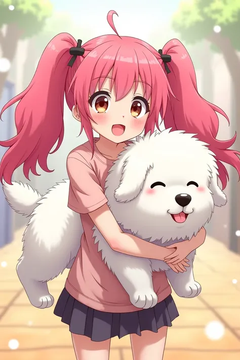 A 17-year-old woman with two pink pigtails has a big white dog on her back, made into an anime figure