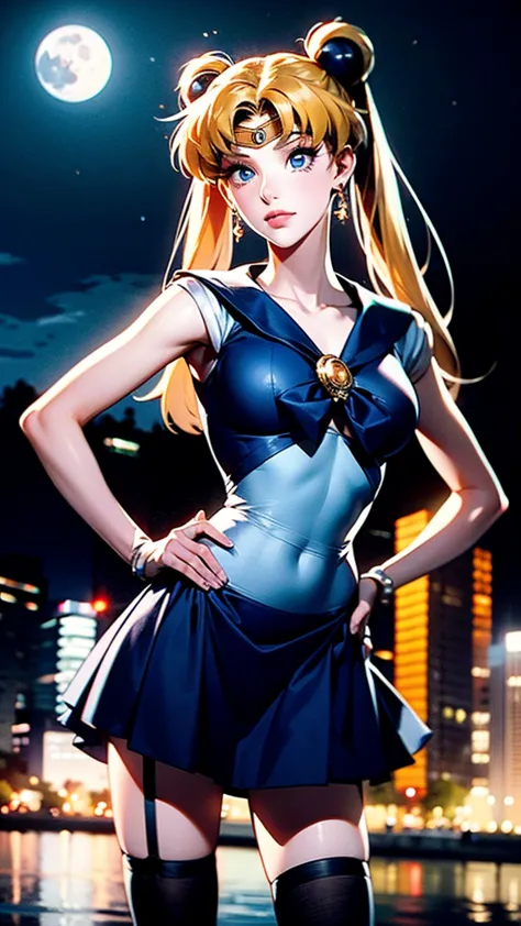 A beautiful female, solo, sailor moon, (she has been captured viewers attention), (((beautiful high resolution Digital illustration))), image of head to knees, front view, standing with little open stance, (absolutely detailed beautiful face, sexy face, natural makeup), perfect figure, detailed depiction, (put your hand on your hip, point at viewer, perfect depiction of fingers, perfect anatomy), ((extremely detailed)), masterpiece , best quality, incredibly absurdres, perfect illustration, 4k, 8k, perfect anatomy, ultra detailed anime style, realistic, photorealistic, ((extremely description, late night, a moon in the sky, beautiful moon, night, in the park, in background )),  Tsukino Usagi, (sailor moon, blonde hair, twintails, circlet, jewelry, crescent earrings),BREAK (blue skirt, dress, thighhighs)