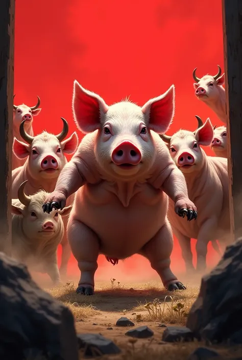 Make a book cover There was a pig boss and some animal are ready for a fight. Cow are also here with an animal fram in red background 