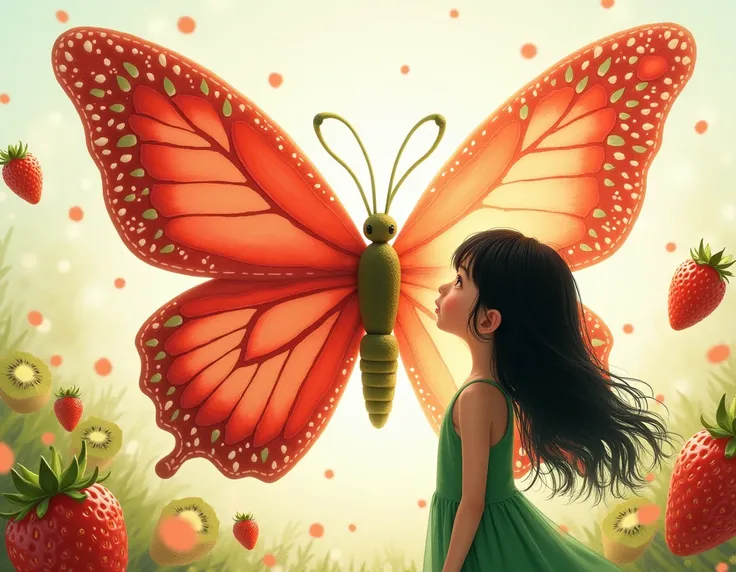 illustration with strawberry and kiwi shaping a butterfly with a girl with black hair wearing a green and red dress looking innocent