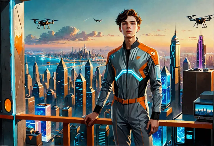 A 23-year-old boy standing on a balcony, short dark chestnut hair, wearing a gray jumpsuit with orange accents, panoramic window behind him, overlooking a futuristic city with neon signs, floating drones, skyscrapers made of glass and metal, and a hazy hor...