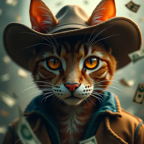 a cowboy cat man, extremely detailed eyes and face, beautiful detailed lips, longeyelashes, cat woman in money rain, money hubby, detailed photorealistic digital art painting, highly detailed, masterpiece, 8k, ultra-detailed, cinematic lighting, vibrant co...