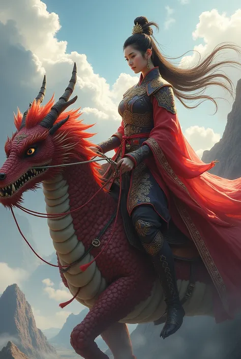 Asian female general flies on dragons back dressed in warrior costume