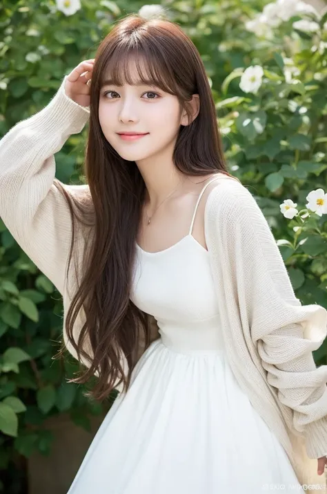 white long flare dress ,18 years old,bangs, Little Smiles ,Tear bags, cute,Big Eyes,Sparkling eyes,Knee,  beautiful silky dark brown long hair,Swaying in the wind,,from below ,Front light, long sleeve cardigan wearing ,Flower Garden,