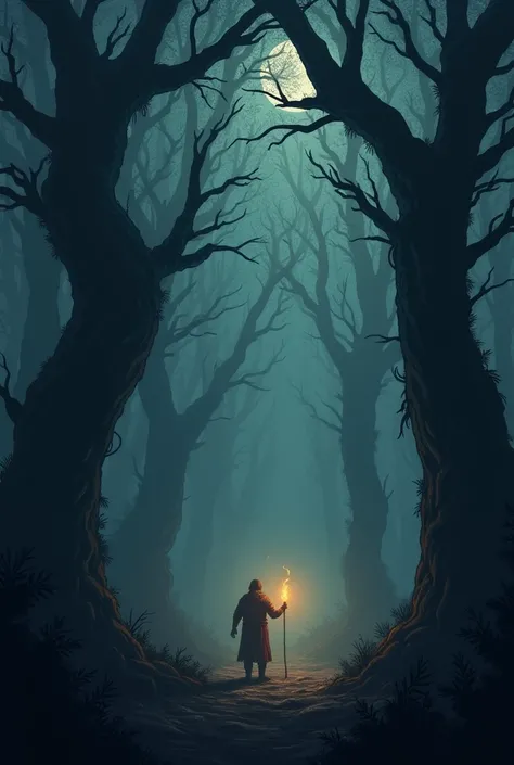 Dark and eerie forest scene
A dense, shadowy forest with twisted trees and fog. Vikramaditya walks cautiously, his torch casting flickering light, creating long, eerie shadows.