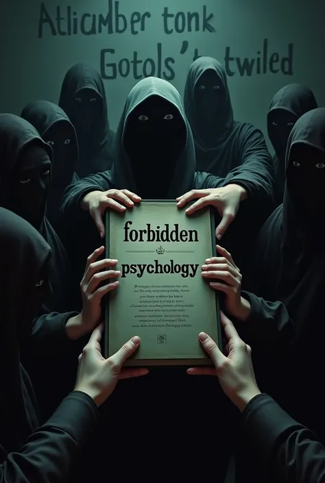 Forbidden Psychology Book , written on the cover, (politize-se)
, In the background of the image there are women and men holding the same book in their hands, dark shadows,  in a school.
 Written on the wall, (Altos-pi )