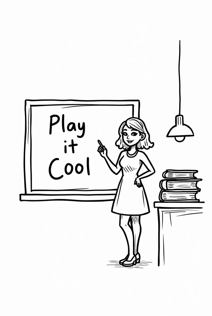 A simple black-and-white line drawing of a classroom-like setup for teaching. A young woman in a dress is standing in front of a minimalist chalkboard with the phrase Play it cool written on it. She is pointing to the phrase with a calm and confident expre...